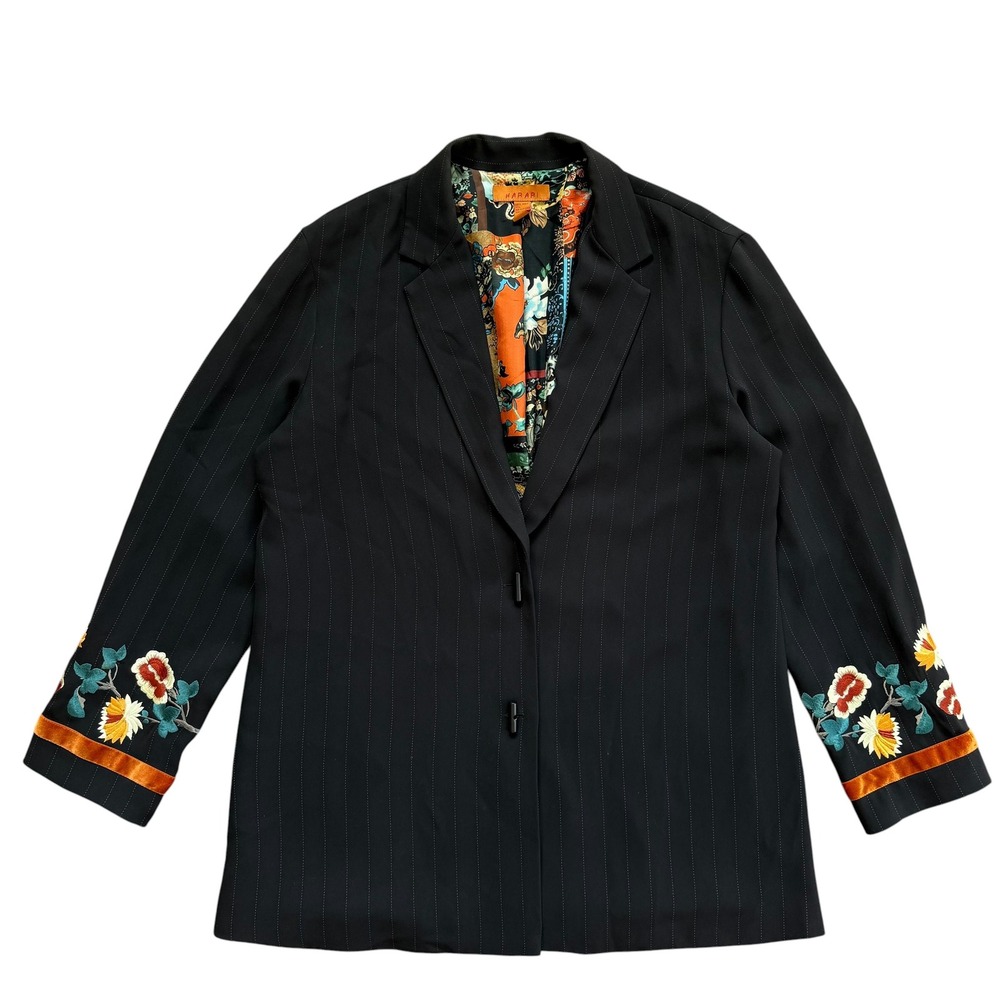 Harari Womens L Black Pinstripe Blazer Floral Embroidered Velvet Trim Lined